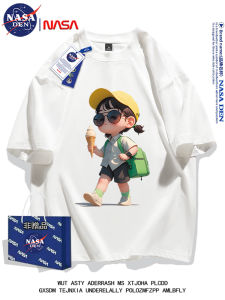 NASA Joint Name Heavy Weight Pure Cotton Short Sleeve T-shirt Men Teenagers Casual Loose Fashion Versatile Fashion Cropped Sleeve