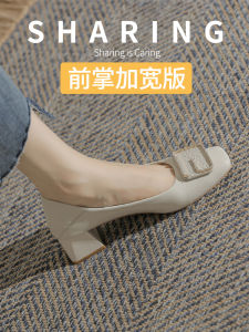 รองเท้าส้นสูงทรงหัวเหลี่ยมสำหรับผู้หญิงไซส์ใหญ่ 5 ซม. รองเท้าแฟชั่นฤดูใบไม้ผลิ 2023 รองเท้าหนัง PU แบบสวมสบายสำหรับผู้หญิง