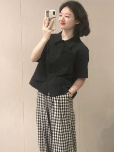 Retro Japanese Style Short Sleeve Black Shirt for Women Summer Design Unique Doll Shirt Turn-down Collar Regular Shoulder Top