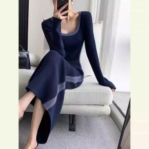 Elegant Blue Knitted Dress U-Neck Slim Fit Long Split Base Layer Commute Style Autumn Winter Fashion Polyester Blend Skirt