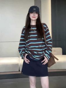 Retro American Loose Striped Color Block Long Sleeve T-Shirt Womens Fashionable Elegant High-End Feeling Top for Autumn