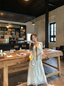 Elegant Blue Sequin Polka Dot Lace Sleeveless Neck Hanging Long Dress Girls Summer Fashion City Commute A-Line Gown