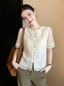 AIYITI | Lace Embroidery Short Sleeve Shirt for Plus Size