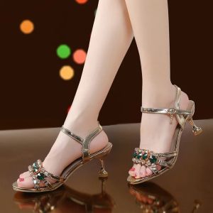 Giày Hàn Quốc cho Phụ nữ dép cho phụ nữ bán thời trang Rhinestone xăn đan cao gót cho phụ nữ