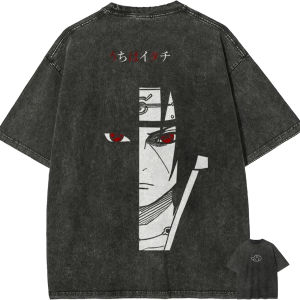 Bandai | Naruto Itachi Uchiha T Shirt Sharingan Eye Vintage Acid Wash Streetwear Retro Anime Graphic Cotton Men Tees Breathable Top