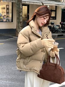 Womens Short Puffer Jacket Lightweight Thickened Bread Style Winter Coat Korean Version Pure Color Commute Zipper Pocket