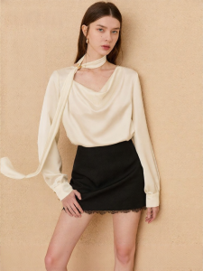 D-PLAY | Elegant Draped One-Shoulder Satin Shirt