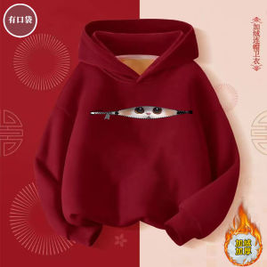 Girls Hooded Fleece-lined Sweatshirt Red Cat Cartoon Print Spring Autumn Winter Kids Clothing Warm Comfortable Korean Style