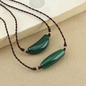 Retro Chinese Style Green Agate Pendant Necklace Simple  New Ethnicity Lockbone Chain Womens Accessory Cotton Linen Chain