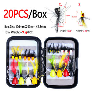 20pcs Popper Flies Kit Topwater Fly Fishing Lures Artificial Hardbait Floating Dry Flies Bugs Bass Trout Salmon Fishing Lures