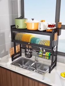 Kitchen Dish Rack Storage Cabinet above Kitchen Sink Drying Rack with Dustproof Door for Dish & Plate Storage Stainless Rack