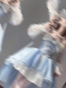 [1604 Mua Lại ] Màu Xanh Lam lolita Thiết kế váy cưới váy ngắn phía trước váy dài phía sau váy công chúa nặng nề với đuôi nơ lớn