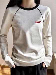 Pure Cotton Shoulder Long Sleeves T-Shirt Womens Spring & Fall Thin Stylish Niche Style Greige Color Contrast Patchwork Petite Top