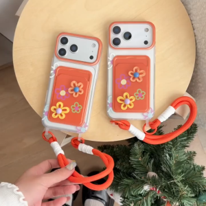 3D Color Flower Orange Card Pocket Phone Case for iPhone 11 12 13 14 15 16 17 Pro Max Plus Air 16E Casing Hanging Rope TPU Anti-Fall Soft Cover for iPhone 17 Pro Max Case