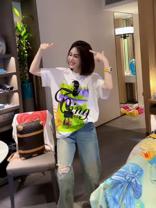 Áo Thun Cotton Trắng in Họa Tiết Thời Trang Mùa Hè Cho Nữ Dáng Rộng Cổ Tròn Tay Ngắn Phong Cách Thường Ngày Áo Thun