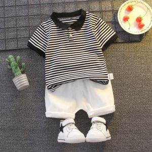 Boys 2pcs Terno Set 1‑5 Years Old 100% Cotton Striped Short Sleeve Polo Shirt And White Shorts Summer Casual Kids Outfit