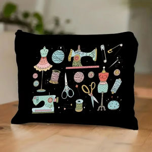Vintage Sewing Machine & Floral Makeup Bag Sewing-Themed Storage Organizer Large Capacity Cosmetic Case Lightweight Travel Bag