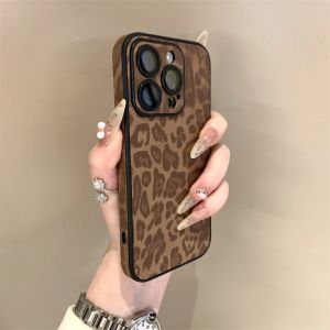 CrashStar Fashion Fur Leather Leopard Pattern Anti-fingerprint Shockproof Phone Case For iPhone 16 15 14 Pro Max Plus 13 12 11 Pro Max Luxury Retro Phone Casing Anti-fall Phone Cover With Glass Camera Lens Films Protection Hot Sale