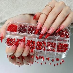 12Grids 3D Mixed Red Nail Art Rhinestones Heart Star Butterfly Round Diamond Nails Decoration Flat-back Gemstones Nails Supplies