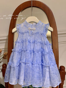 ชุดเดรสแขนกุดสำหรับเด็กผู้หญิง สไตล์เกาหลี ชุดเดรสทรงเจ้าหญิงสีน้ำเงิน ชุดเด็กผู้หญิง ชุดฤดูร้อน เดรสกระโปรงสั้น ชุดแฟชั่น