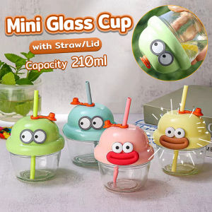 Vacaka 210ml Mini Glass Cup with Lid and Straw Cartoon Glass Milk Juice Cup