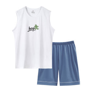 Coco Smart | ชุดนอนผู้ชายคอตตอนพิมพ์ลายแขนกุดบางๆ ชุดนอนผ้าฝ้ายสำหรับนักเรียนมัธยมต้นและมัธยมปลาย ชุดนอนผ้าฝ้ายสำหรับเด็กโต