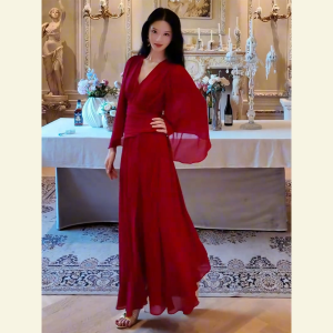 SHANGSHA | Evening Gown Dress Red Waist-Cinching