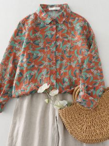 Elegant Floral Cotton Linen Shirt Womens Fashionable Versatile Long Sleeve Polo Collar Button down Regular Fit Commute Style