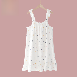 INS Style Young Adult Summer Thin Pure Cotton Gauze Cotton Sweet Pure Color Lace Sleeveless Midi Dress Suspender Skirt Home Wear Nightdress