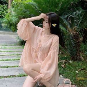 French Style Bubble Sleeve Sun Protection Shirt Womens Summer Design Unique Beautiful Fairy Tale Top Sweet A-Line Dress