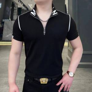 Mens Short-sleeved Polo Shirt New Fashionable Slim-fit Korean Style Handsome Plus Size Half Zipper T-shirt