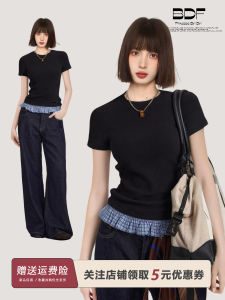 Áo Thun Tay Ngắn Màu Đen Phong Cách Mỹ Cho Nữ Mùa Hè Ôm Vừa Vặn Áo Thun Tay Lửng Lót Bên Trong Nửa Tay Áo Cổ Tròn