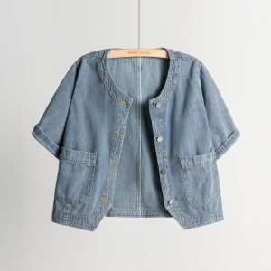 Retro round Neck Short Sleeve Denim Jacket Womens Fashionable Spring Summer New Arrival Single Button Shoulder Wrap