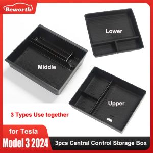 Model3+ 2024 Central Control Storage Box For Tesla Model 3 Highland Flocking Central Armrest Hidden Organizer Stowing Tidying