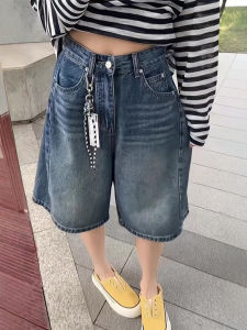 High Waist Wide Leg Jeans Shorts Womens Summer plus Size Conceal Hip Loose Fit Slimming Five-Quarter Pants Casual Style