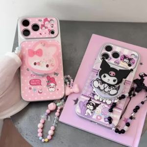 Sanrio | Luxury Kuromi Melody Magnetic Holder Stand Case For iPhone 17 16 15 14 Pro Max Shockproof Cute Phone Cover With Chain