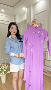Áo dài truyền thống lụa mỹ màu tím thêu hoa ribang thủ công cao cấp size S-4XL