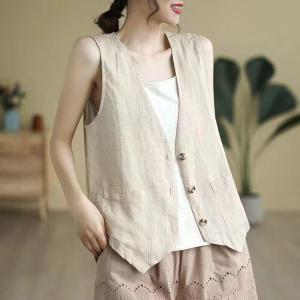 Casual Loose Sleeveless Thin Vest Summer Fashion Artistic Open Cardigan Outerwear Top round Neck Short Length Striped Pattern