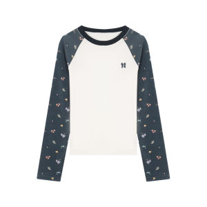 TAKEANAP Nap Time Floral Print Waffle Pattern Shoulder Sleeve T-Shirt Womens Spring New Long Sleeve Top Floral Sweet Style