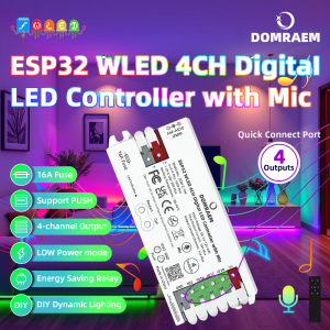 DOMRAEM ESP32 WLED Controller 4CH 16A Fuse Mic Sound Reactive Low Power HA Alexa Compatible WS281X SK6812 RGBIC LED Strip DIY