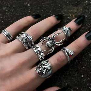 Ka💥5-9 pcs Paduan Set Cincin Pribadi / Cincin Mode Punk Vintage / Cincin Dadu Poker / Set Cincin Cinta Sekop Ular Kupu-kupu Laba-laba / Cincin Hip Hop Gaya Diablo Logam Berat