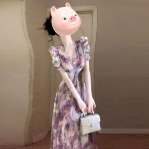 French Style Floral Print Maxi Dress Womens Summer Tea Break Bubble Sleeve Waist Cinched Unique Beautiful Long Dress