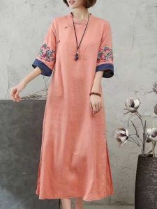 Retro Loose Large Size Cotton Linen Dress Women Spring Autumn Ethnic Style Stand Collar Embroidery Five Sleeve Long New Model