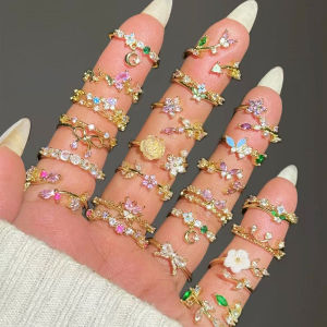 Sparkling Colorful Dazzling CZ Finger Flower Rings For Women Luxury Bow Pink Zircon Ring Wedding Jewelry For Wife & Girlfriend