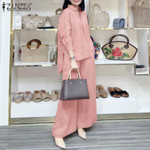 ZANZEA Korean Style Womens 2pcs Suits Casual Lapel Lantern Sleeve Irregular Shirt Wide Leg Pant Set #0805