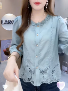 Elegant Embroidered Cotton Long Sleeve Shirt Hollow Design Versatile Stylish Womens Shirt round Neck Open Cardigan Style
