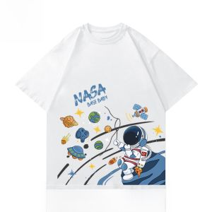 Cute Astronaut Boys T-Shirt Short Sleeve Pure Cotton Summer Childrens Clothing Breathable Sweat Absorbent Cartoon Print Kids Tee