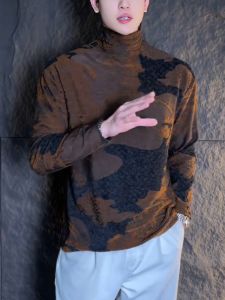 Winter New Mens Stand Collar Base Shirt Coffee Color Block Versatile Fashionable High-End Feeling Long Sleeve Top