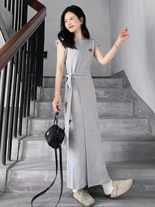 French Grey Short Sleeve Dress Women Summer 2025 New High Waist Slimming Casual Elegant Long Dress A-Line Skirt Pure Color