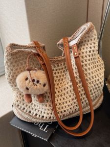 Laid-back Style Straw Weaving Tote Bag Women Summer 2025 New Beach Vacation Large Capacity Commute Cotton Thread Tote Bag